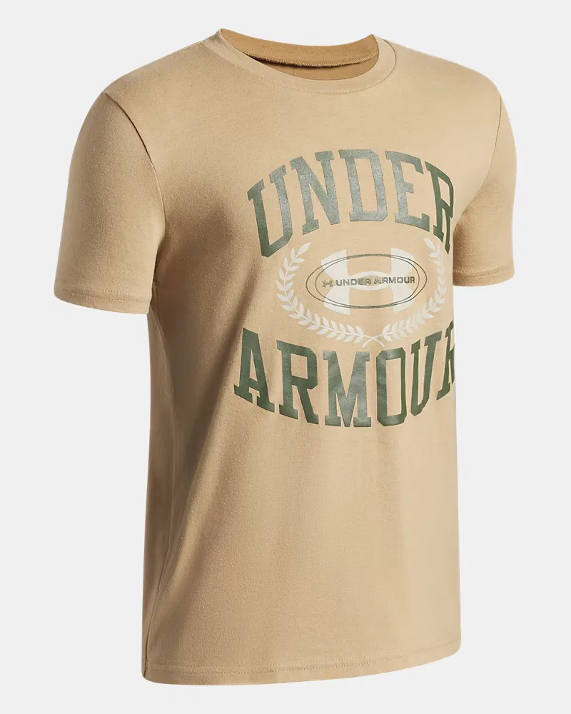 Футболка с коротким рукавом для мальчиков из хлопковой смеси UA Crest Logo UnderArmour, Camel/Marine Od Green — фото 3