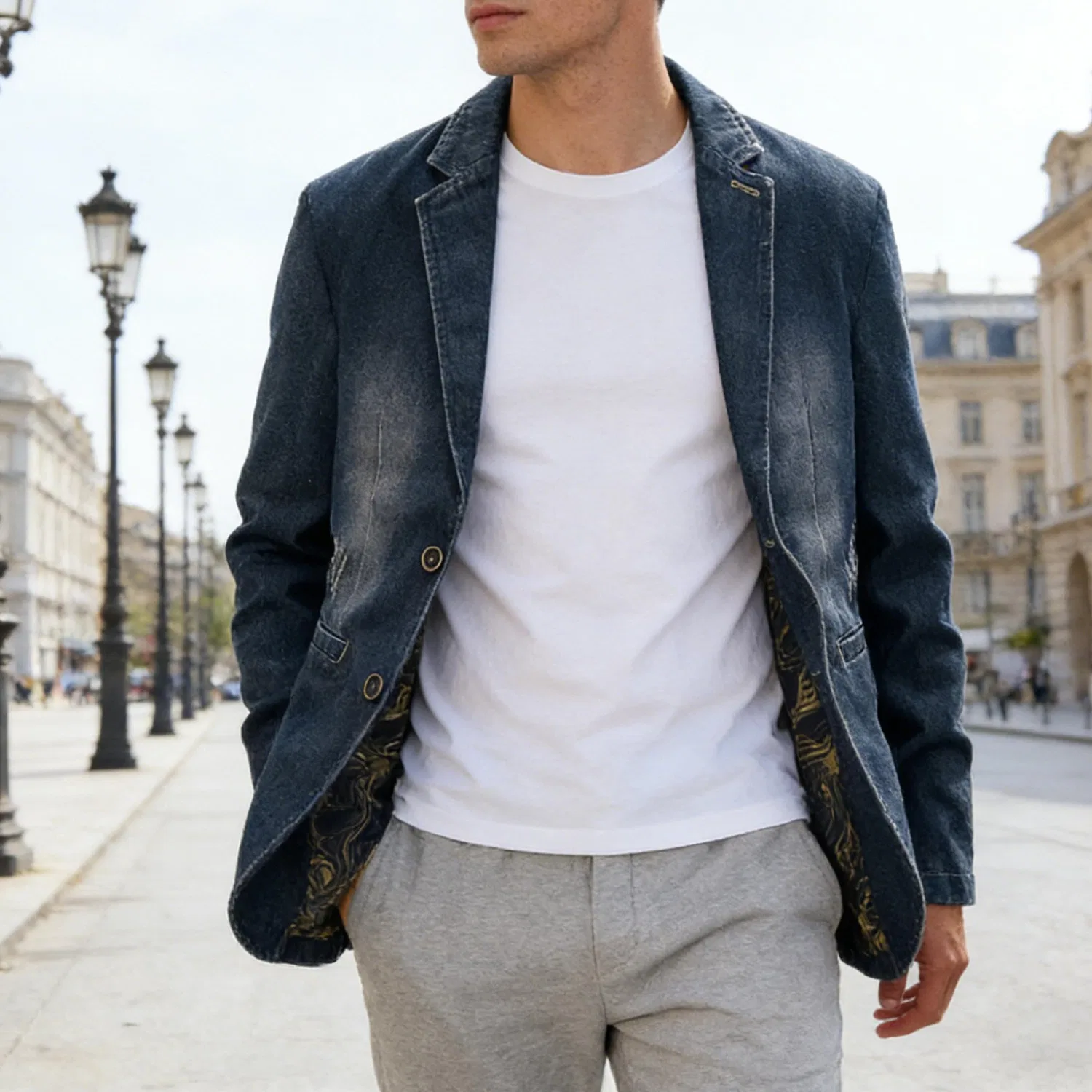 Мужской джинсовый пиджак slim fit с двумя пуговицами, Blu Retrò — фото 2