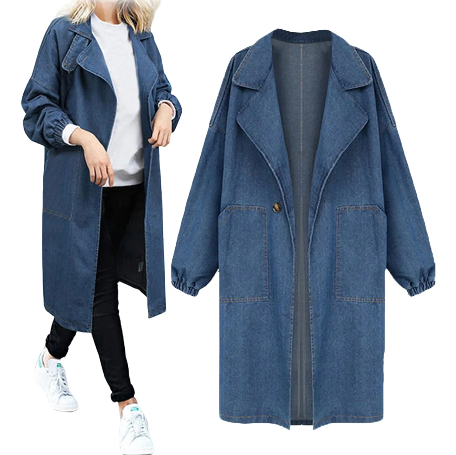 Женское джинсовое пальто с длинным рукавом, свободного кроя, blue