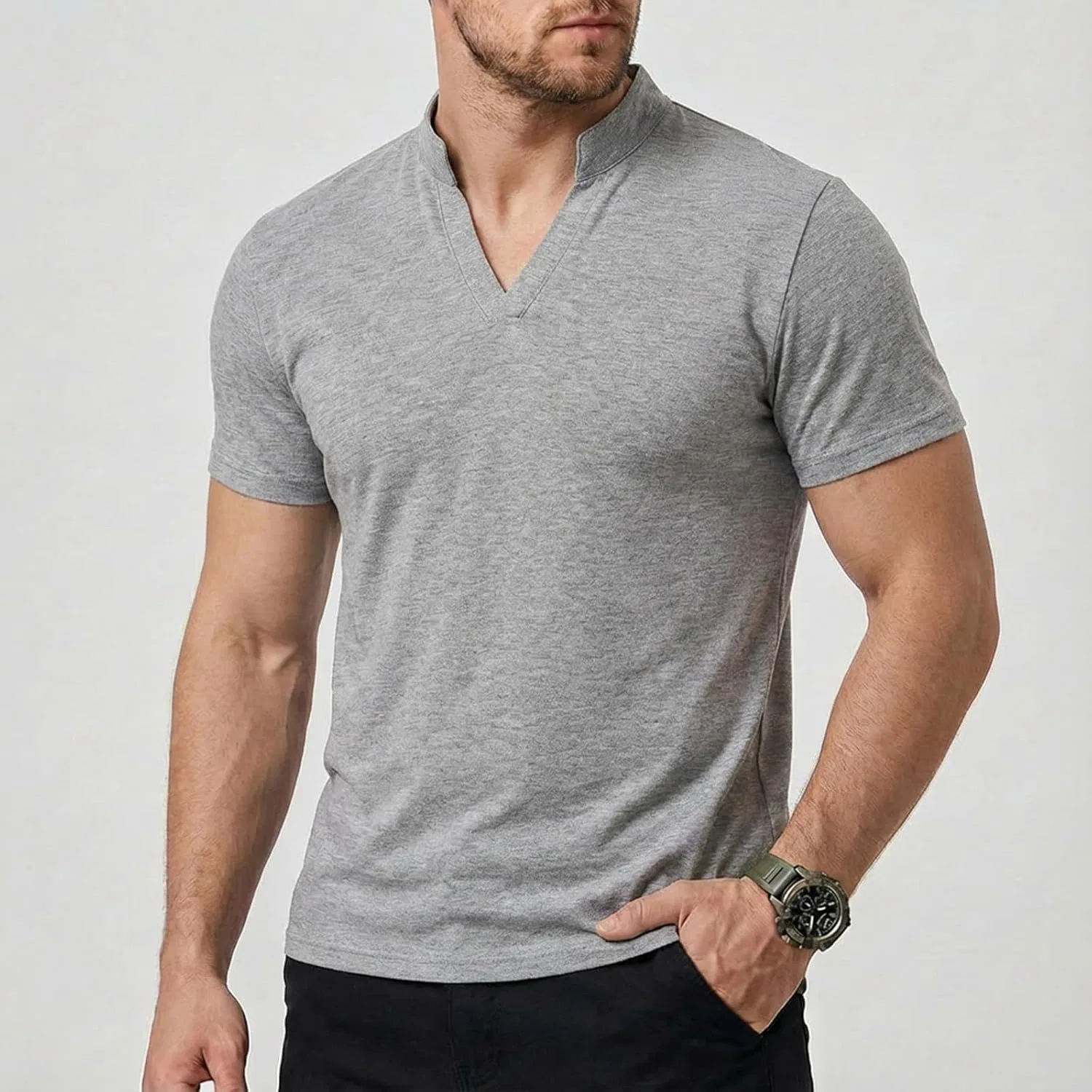 Мужская хлопковая футболка с V-образным вырезом Henley, Grey — фото 3