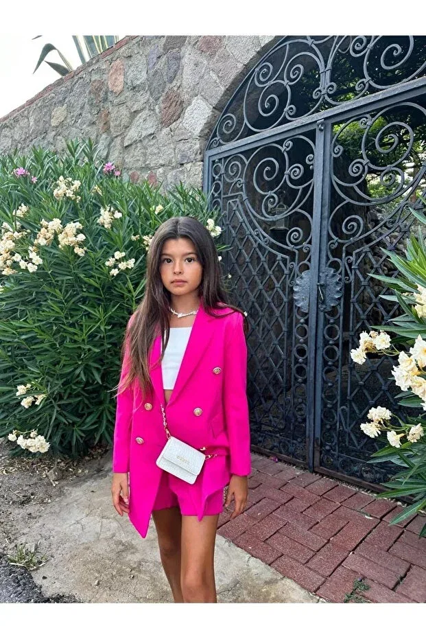 Детский пиджак для девочек с длинным рукавом Mother daughter gold buttoned blazer jacket Hilal Akıncı Kids, Pink — фото 4