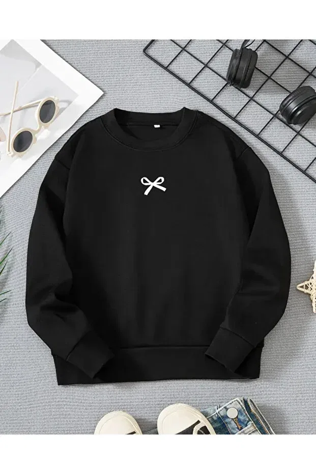 Детская футболка с принтом для девочек Bow Printed Black Long Sleeve T-Shirt for Girls Haha, Black
