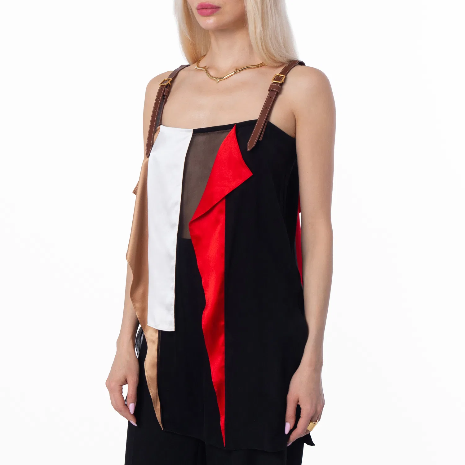 Топ из шёлка с кожаными деталями, модель Leather Detail Colour Block Burberry, Black — фото 2