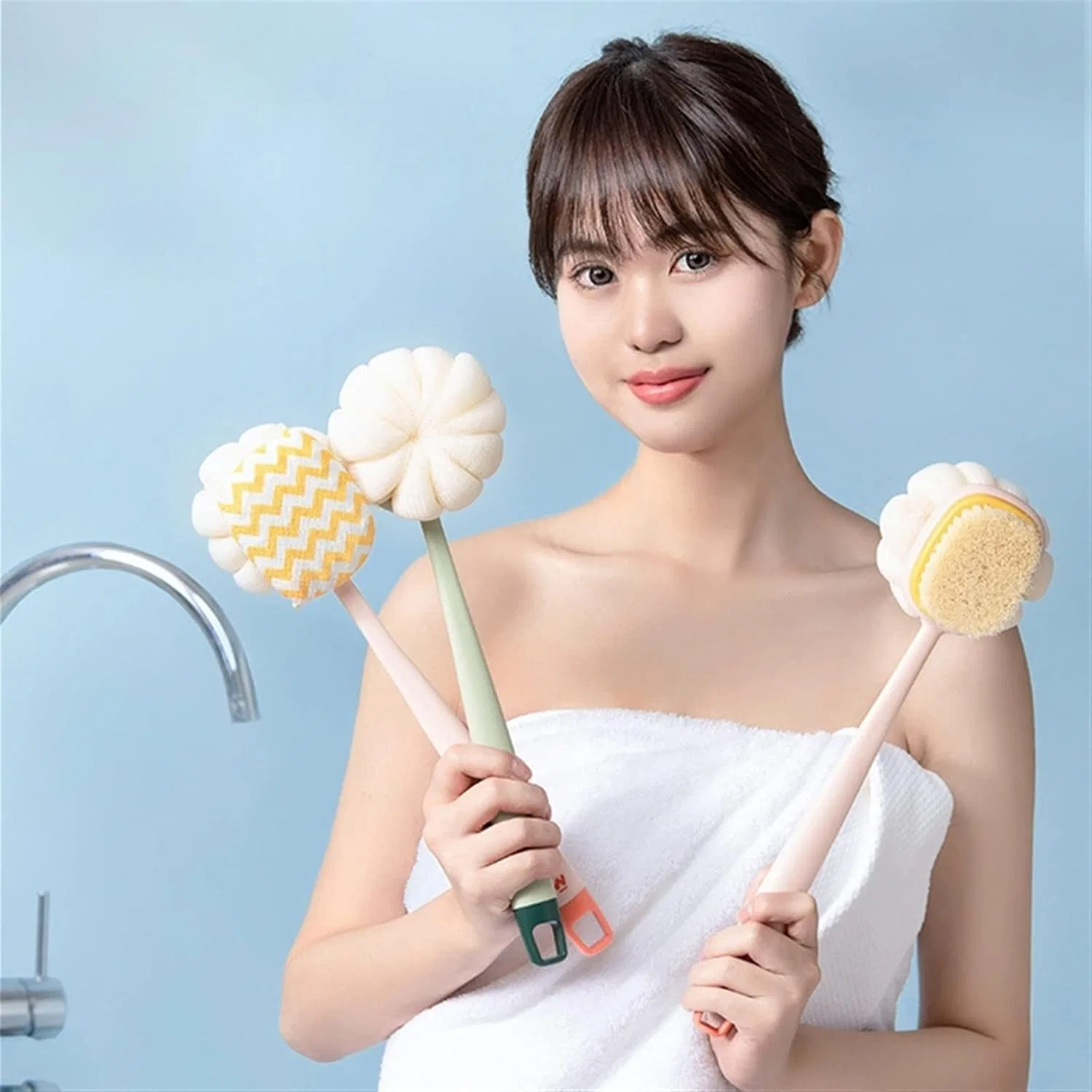Щетка для душа с длинной ручкой, Plant Towel, 2 в 1, Seamue, 35 см, Pink — фото 4
