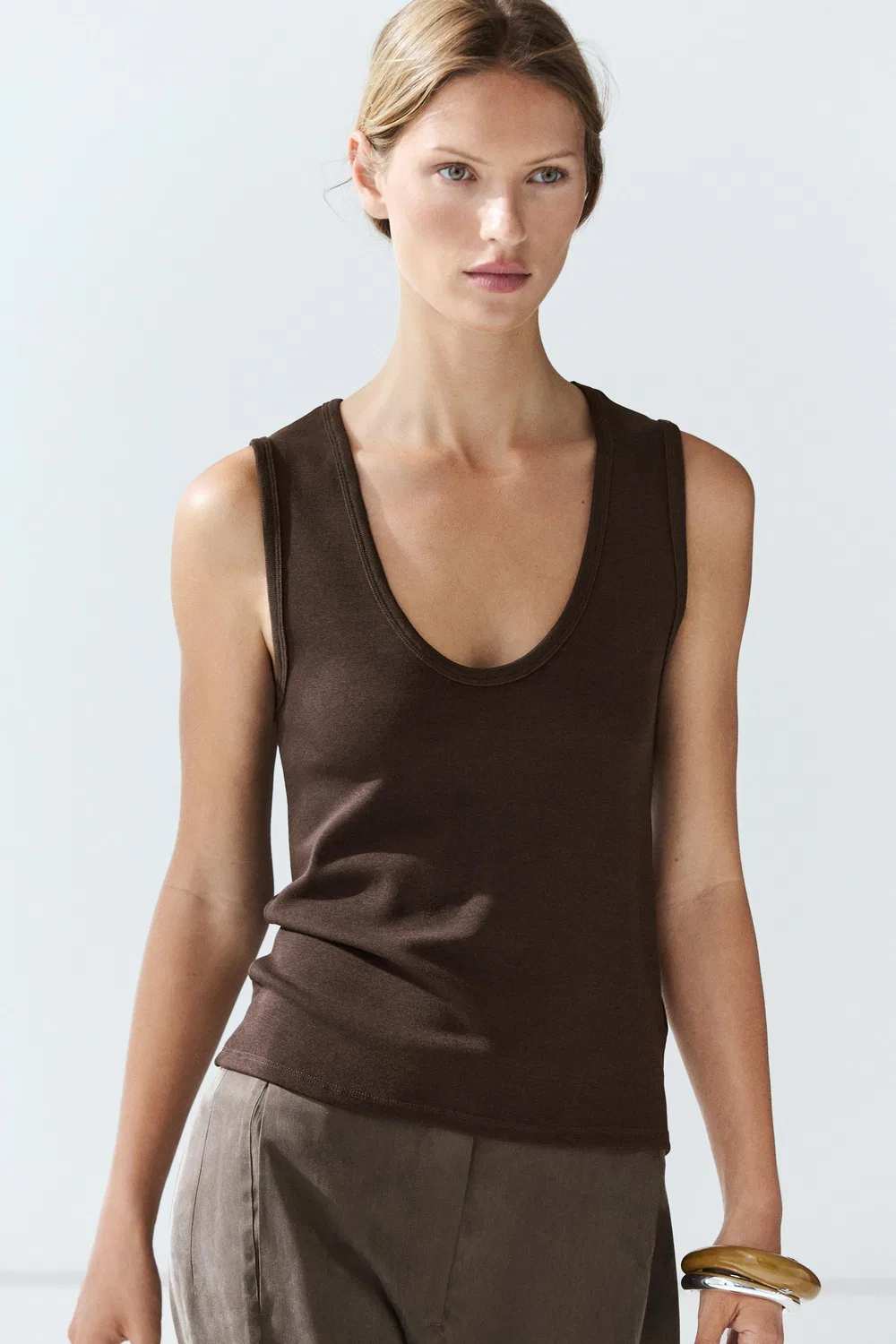 Топ Massimo Dutti Cotton Blend V-neck, коричневый