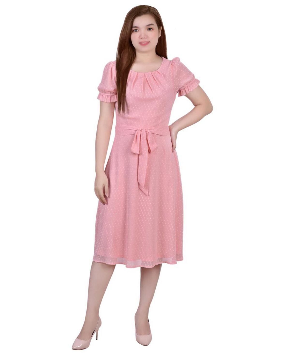 

Миниатюрное платье в горошек с поясом и короткими рукавами NY Collection, мульти