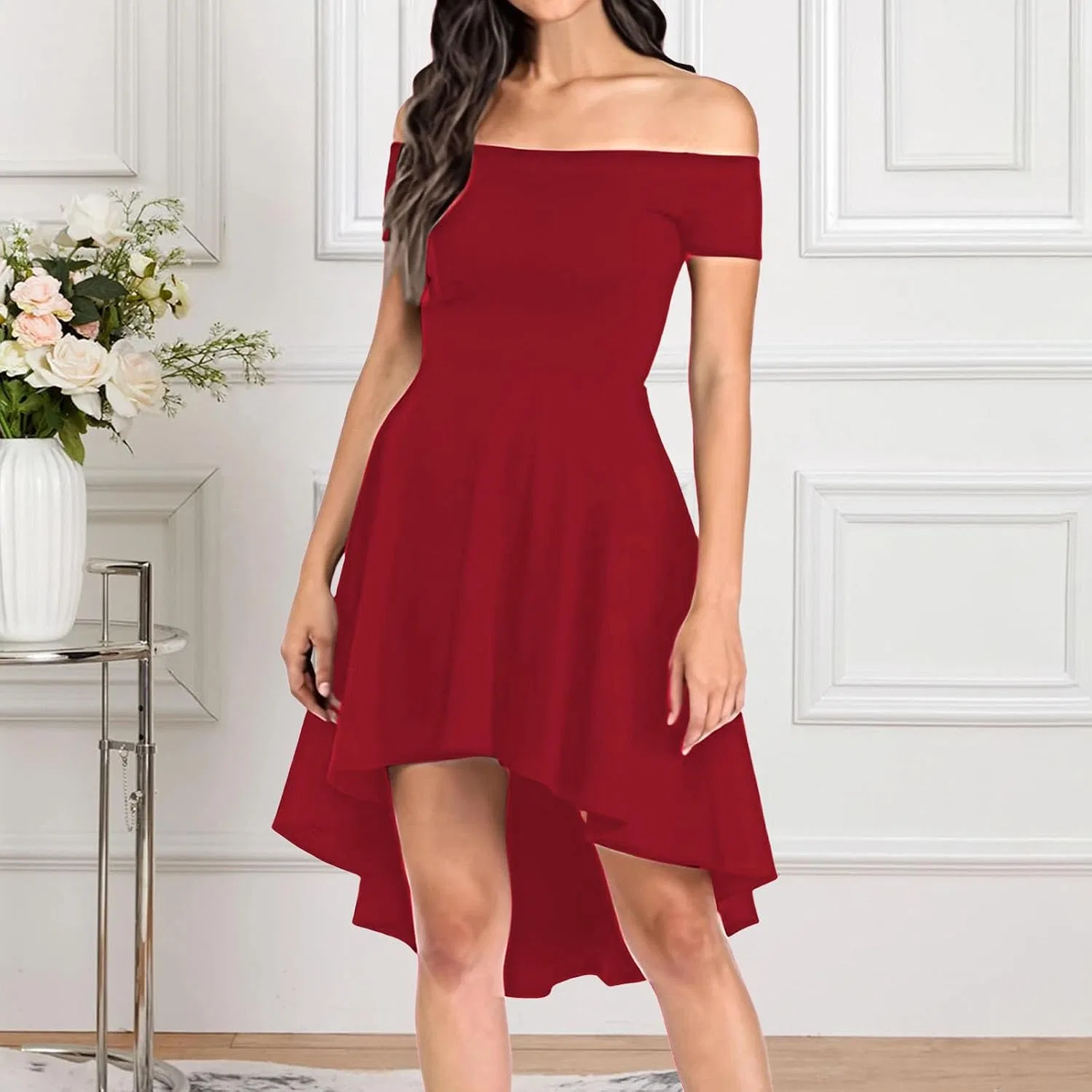 Женское коктейльное платье с открытыми плечами, Red — фото 2