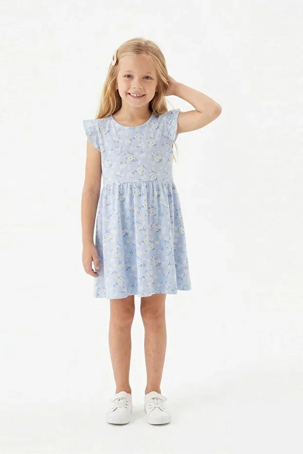 Детское платье для девочек с принтом Blue Daisy Patterned Butterfly Sleeve Bunny Hopp, Blue — фото 2