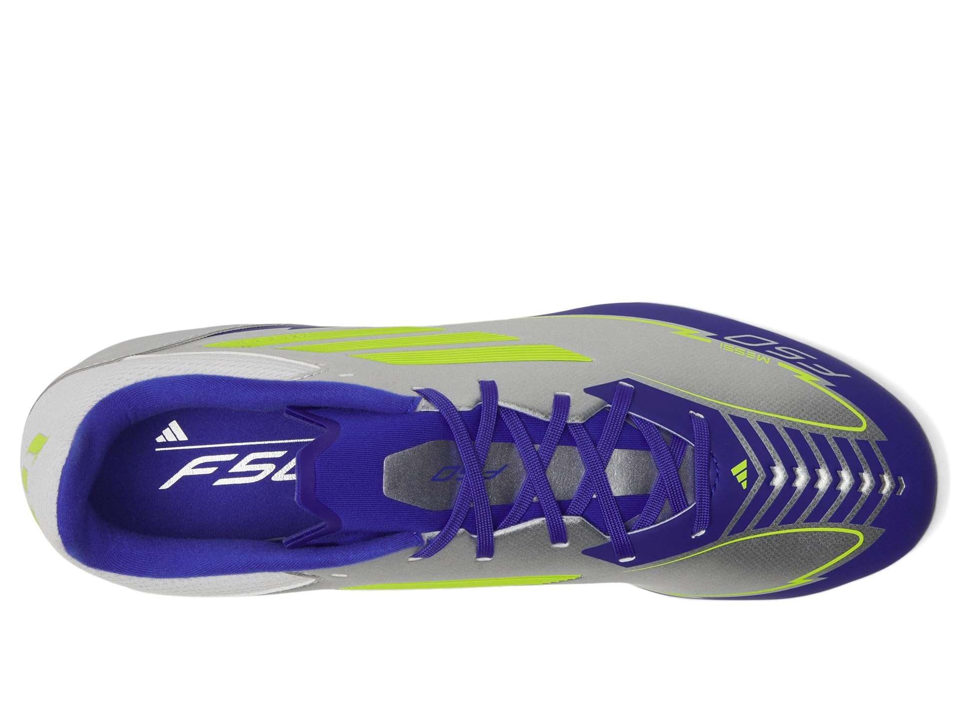 Кроссовки Unisex adidas F50 League Messi Firm Ground/Multi Ground, цвет Silver Metallic/Solar Yellow/Lucid Blue — фото 2