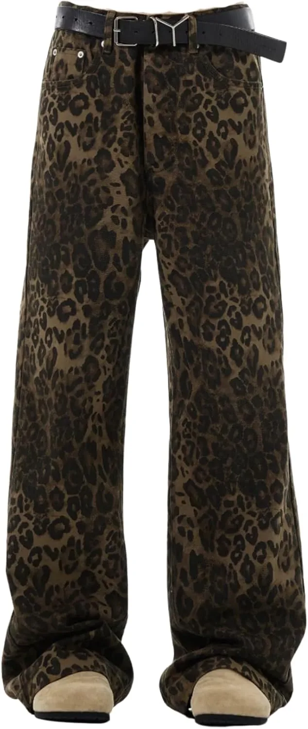 

Джинсы Y2K с леопардовым принтом для женщин — прямые мешковатые с карманами Hesaco