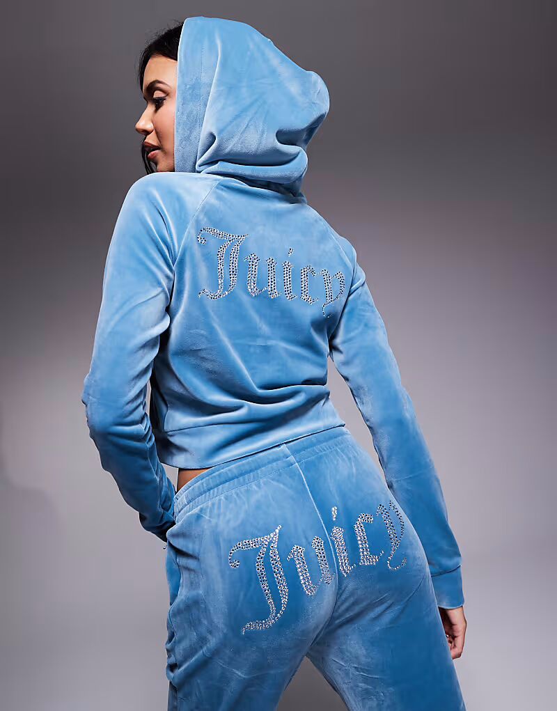 

Худи Juicy Couture из велюра с застежкой-молнией и логотипом-стразами синего цвета