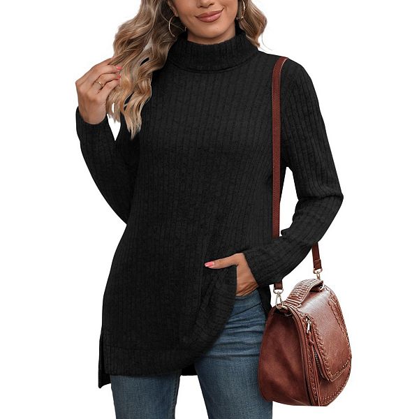 

Женская туника с водолазкой, длинным рукавом, оверсайз, с боковым разрезом и асимметричным подолом Yesfashion, Black