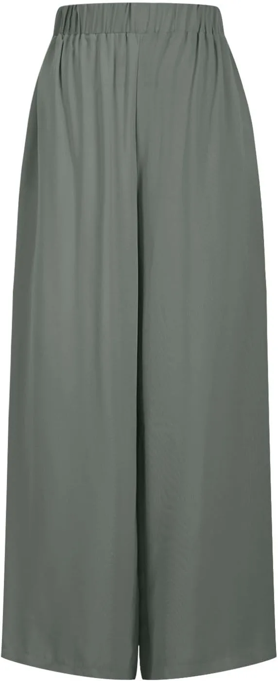 Брюки палаццо для женщин, удобные легкие широкие брюки с эластичным высоким поясом, свободные струящиеся брюки для отдыха и путешествий Generic, зеленый — фото 4