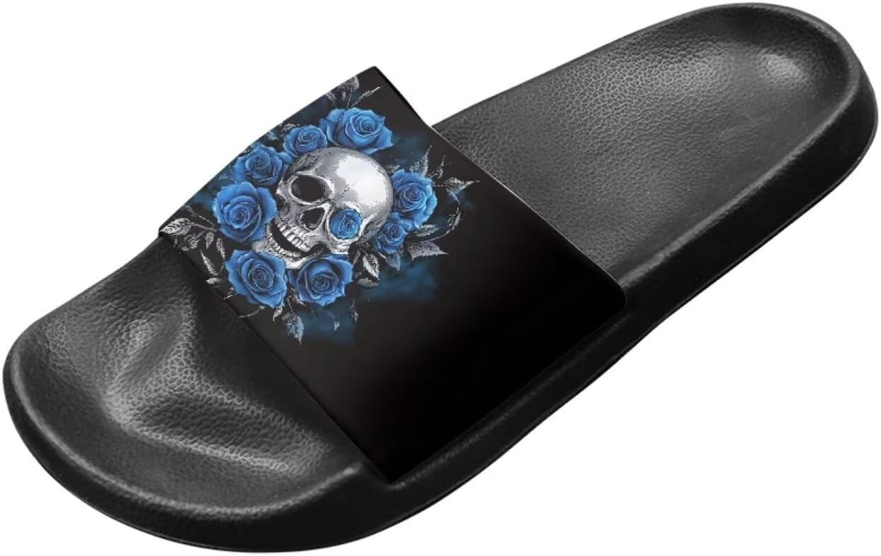 

Сандалии Binienty с одной полоской для женщин и мужчин, нескользящие, повседневные, для прогулок, пляжные шлепанцы с поддержкой свода стопы, Skull Blue Rose