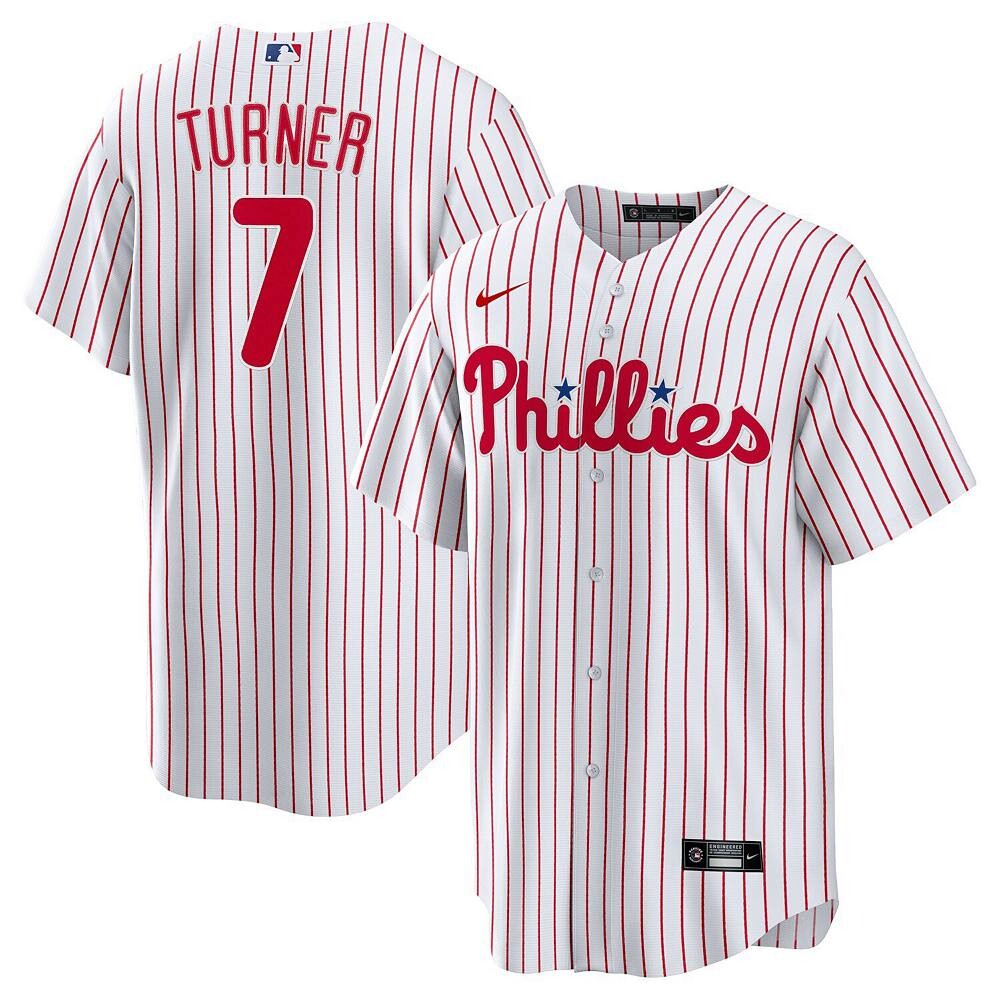 

Мужская белая футболка Nike Trea Turner Philadelphia Phillies Home Replica Player, цвет Phl White