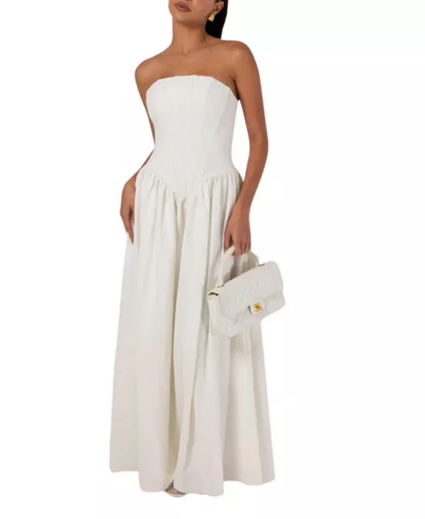 

Длинное платье без бретелей из крепа с расклешенной юбкой и корсетом Heiress Beverly Hills, белый