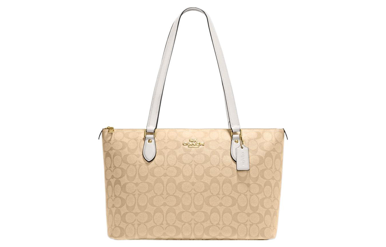 

Сумка-шоппер Coach с верхом на молнии из лакированной кожи и текстиля, женская, цвета хаки, белый, мультиколор
