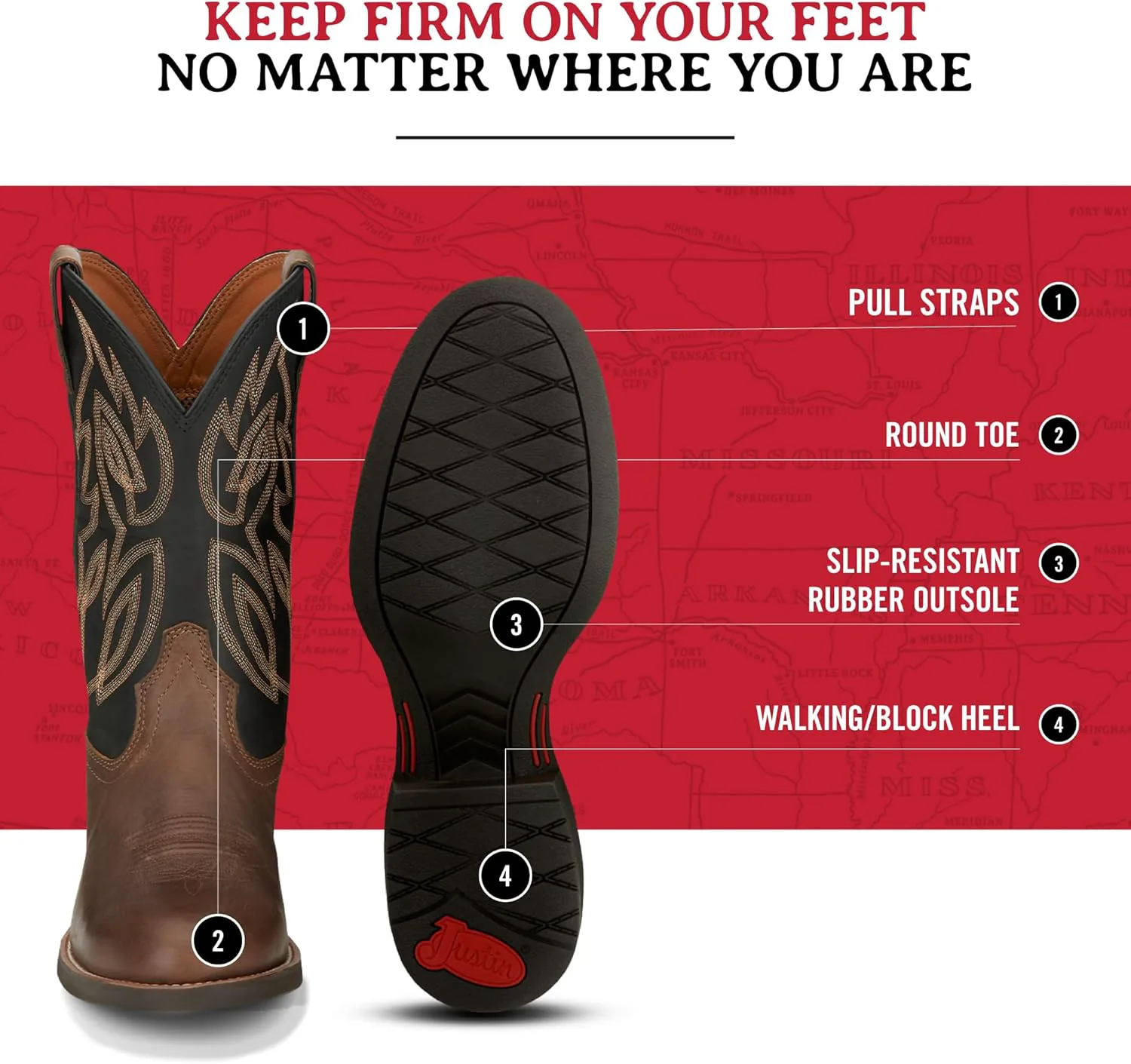 Ковбойские сапоги Justin Rendon 11" Western - мужские, с круглым носком, из коровьей кожи, с съемной ортопедической стелькой, с противоскользящей резиновой подошвой, коричневый — фото 2