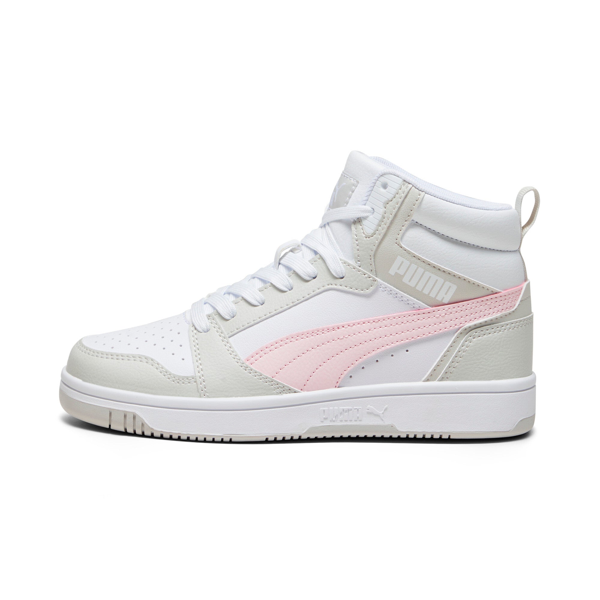 

Кроссовки PUMA Big Kids Rebound V6 Mid, цвет white/frosty pink/sedate gray