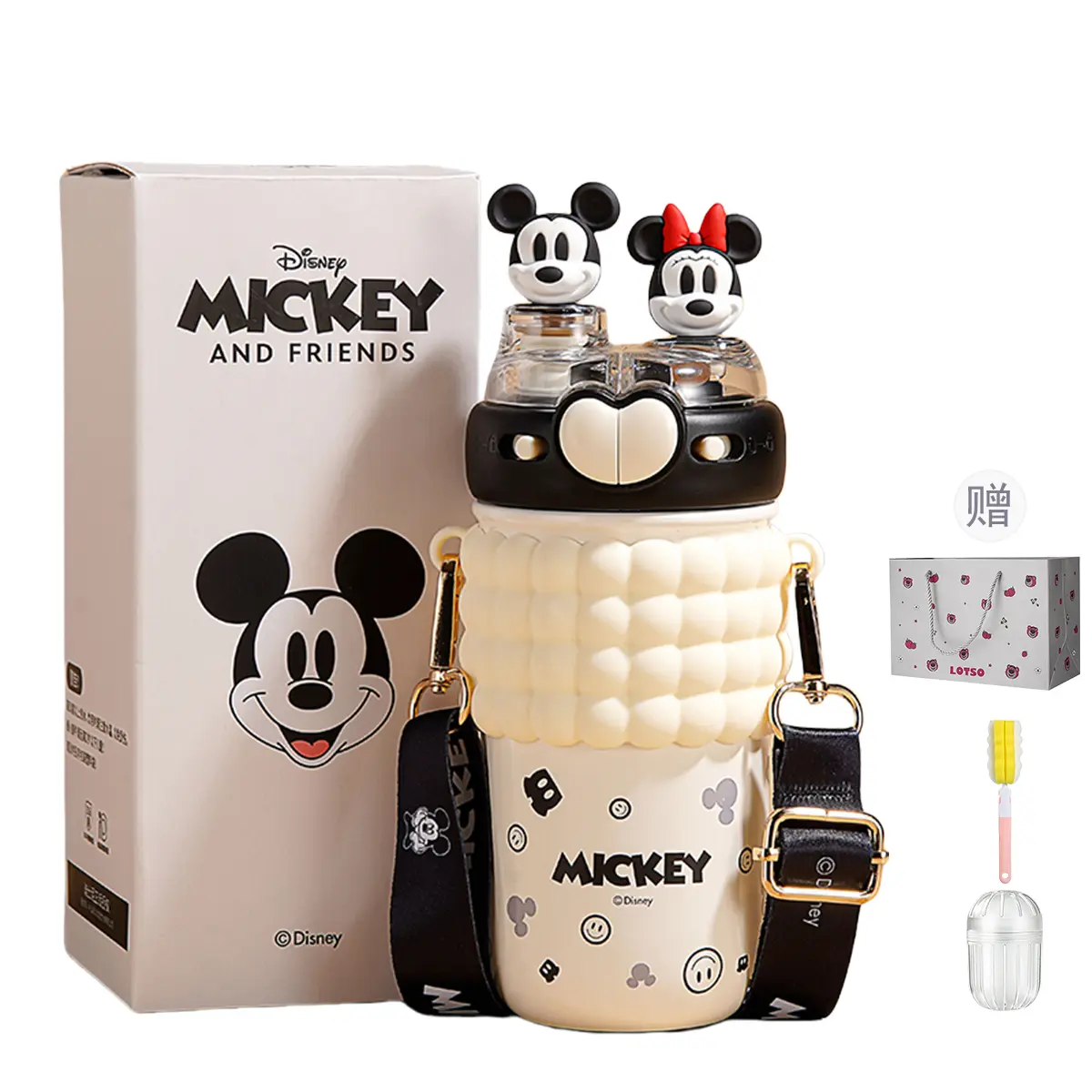 Детский термос Strawberry Bear Disney «Double Drink», 520 мл, Mickey Mouse + ершик, ситечко, пакет