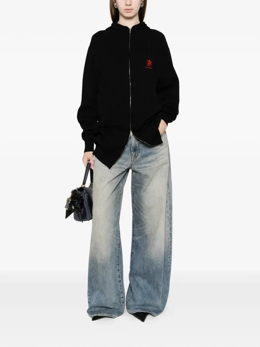 Худи крупной вязки с вышитым логотипом Balenciaga, черный — фото 2