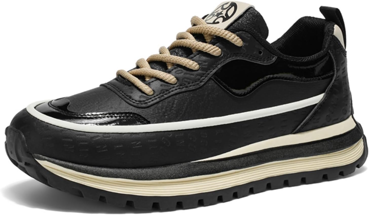 

Мужские кожаные массивные кроссовки в винтажном стиле, вдохновленные беговыми моделями, с толстой подошвой, низкие, на шнуровке, удобные, легкие, дышащие, противоскользящие, повседневные кроссовки для офиса, прогулок и выходных Yrzhgdl, черный