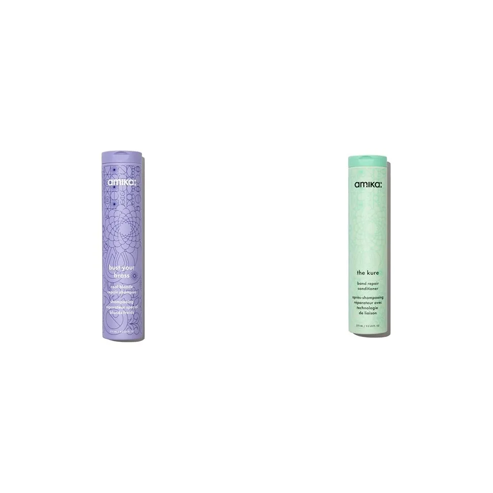 Шампунь Amika Bust Your Brass Cool Blonde Repair, 275 мл, и кондиционер Kure Bond Repair, 275 мл.