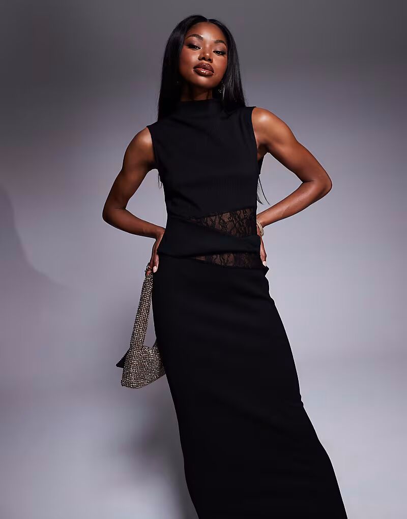 

Платье миди ASOS DESIGN с высоким воротом, текстурированной жатой отделкой и вырезами из кружева черного цвета