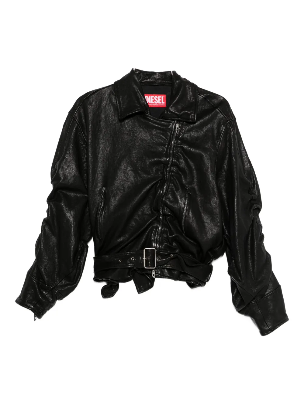 

Кожаная куртка с поясом и асимметричной молнией DIESEL, черный