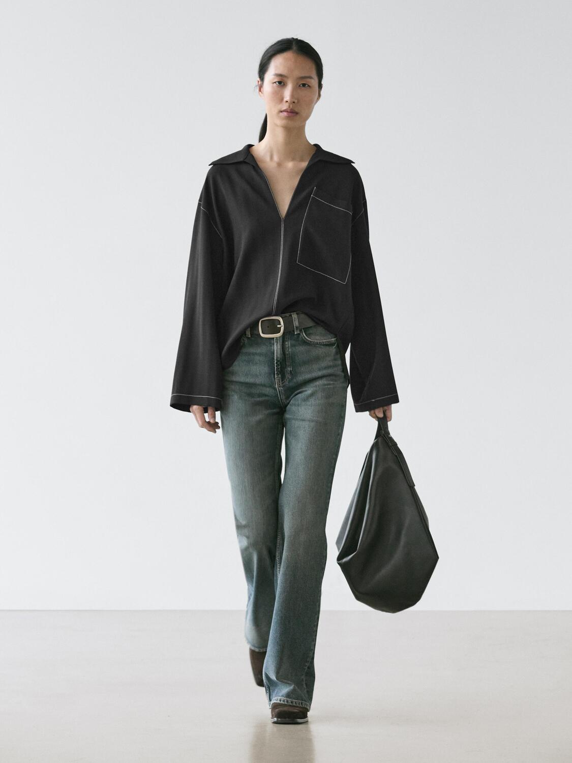 

Летящая куртка-рубашка из смесовой шерсти с карманом Massimo Dutti, black