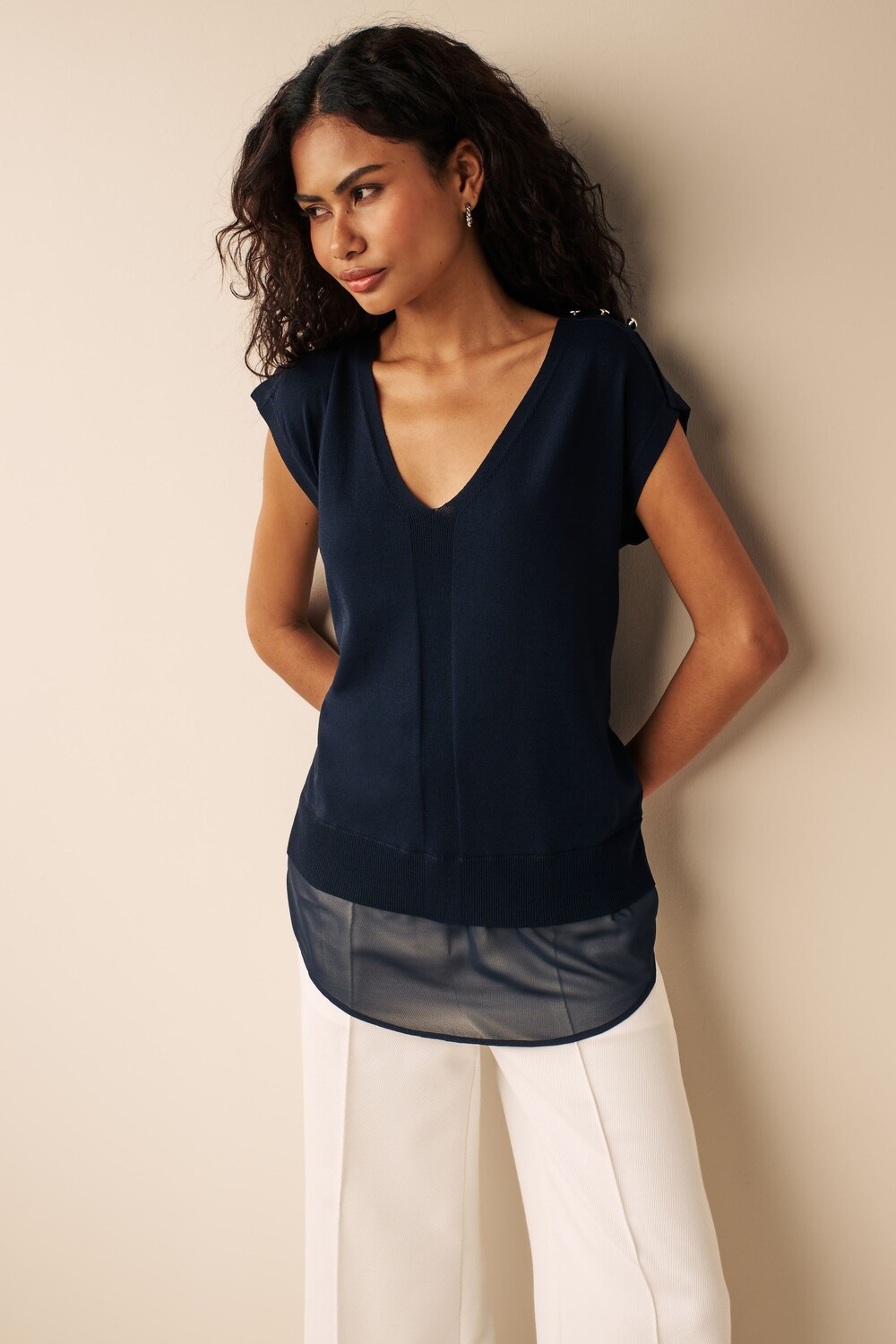 

Многослойный вязаный топ с короткими рукавами и открытыми плечами Next, синий