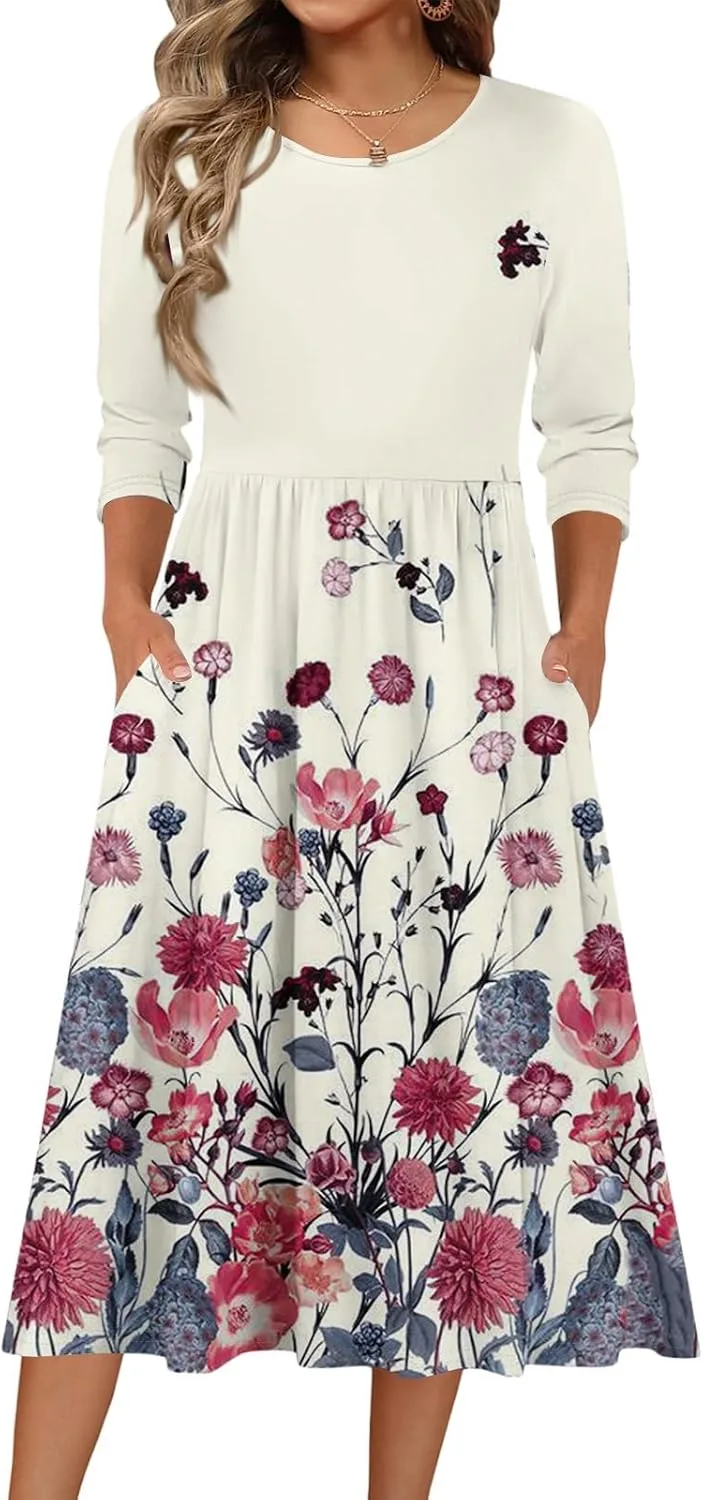 Женское платье Comfy Flowy с круглым вырезом, 3/4 рукава, силуэт A-Line, летнее платье, модный принт, повседневное свободное платье с карманами Generic, бежевый