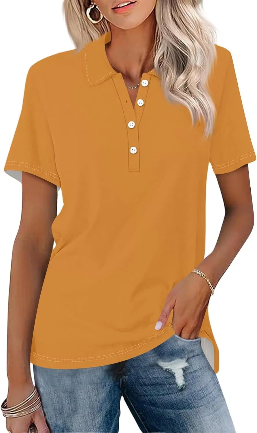 Женская поло с коротким рукавом, стойка, свободный крой, C022- Yellow