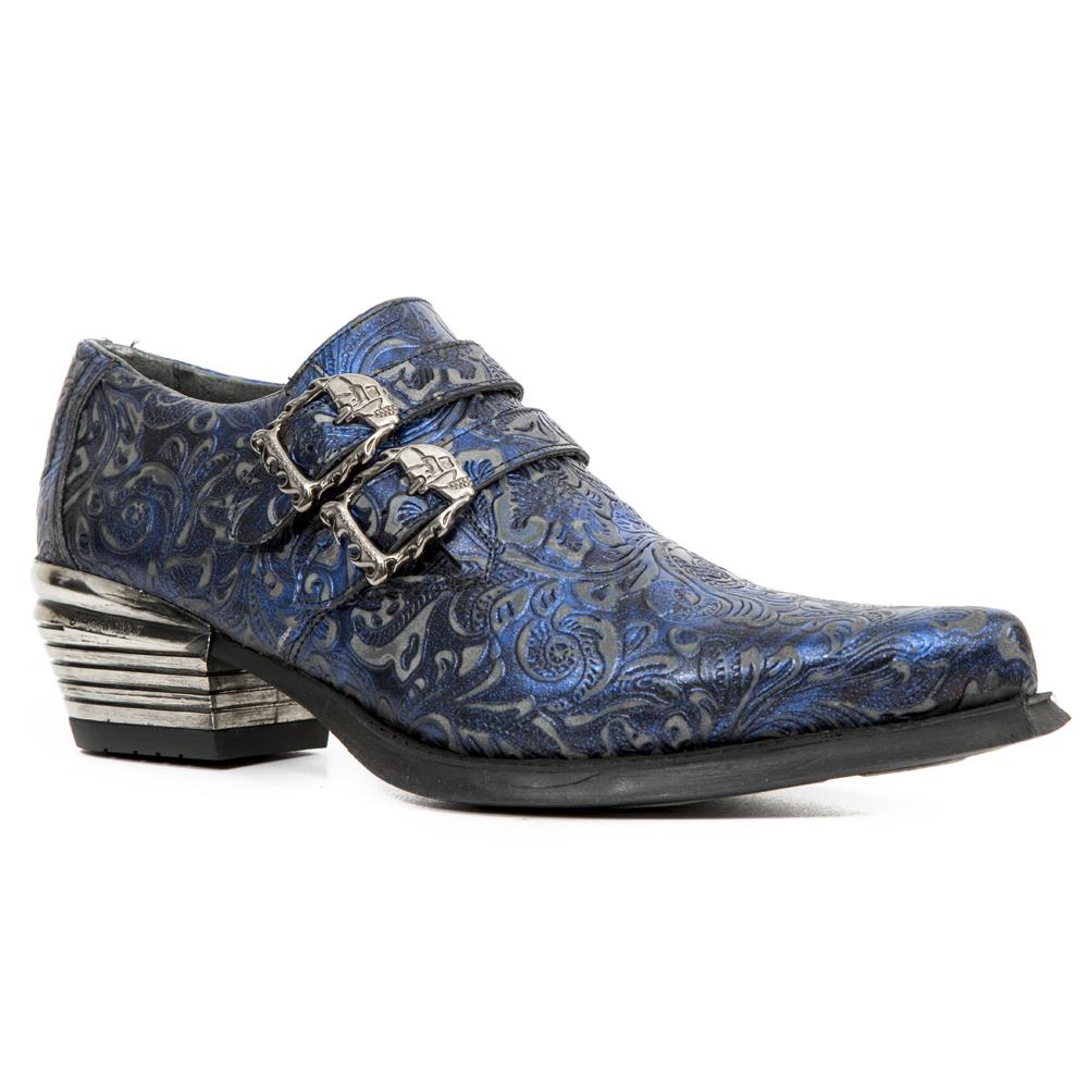 Туфли New Rock Vintage Blue с цветочным принтом и пряжкой из кожи - 7960-S7