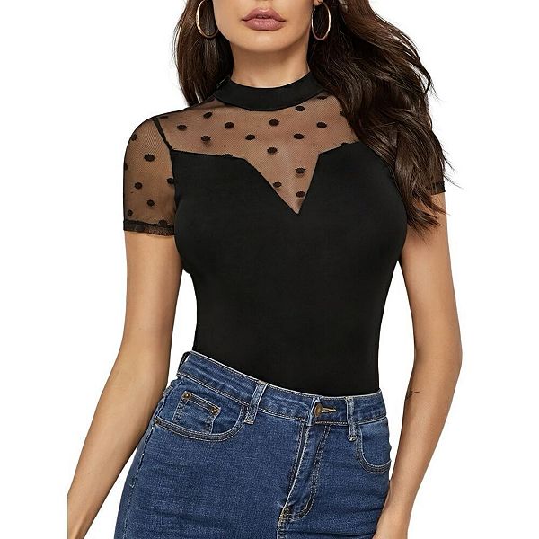 

Топ с короткими рукавами из сетки для женщин, кружевной прозрачный топ с круглым вырезом, летняя блузка в горошек Yesfashion