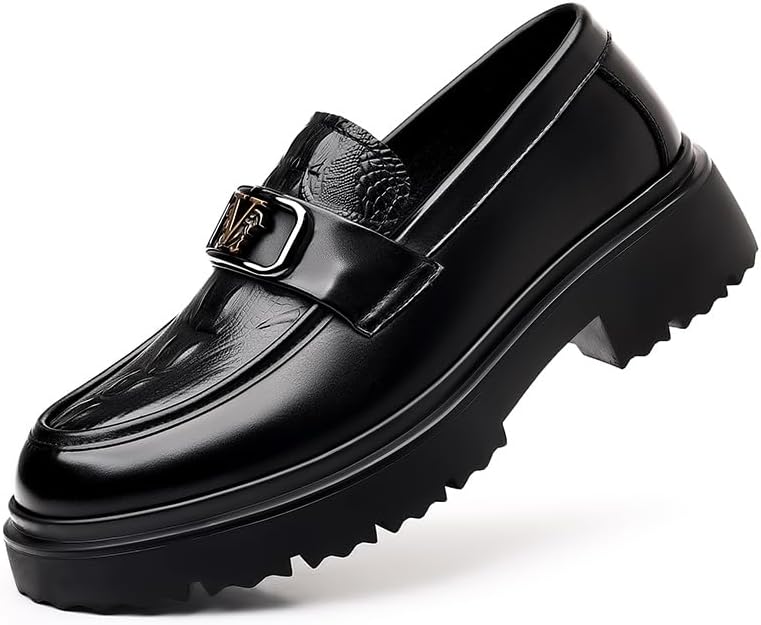 

Мужские роскошные лоферы из натуральной кожи с толстой подошвой, модный носок округлой формы, толстый каблук, подходящие для деловой одежды, классические обувь с нескользящей подошвой для вечеринок, свадьбы и танцев Lhyxu, черный