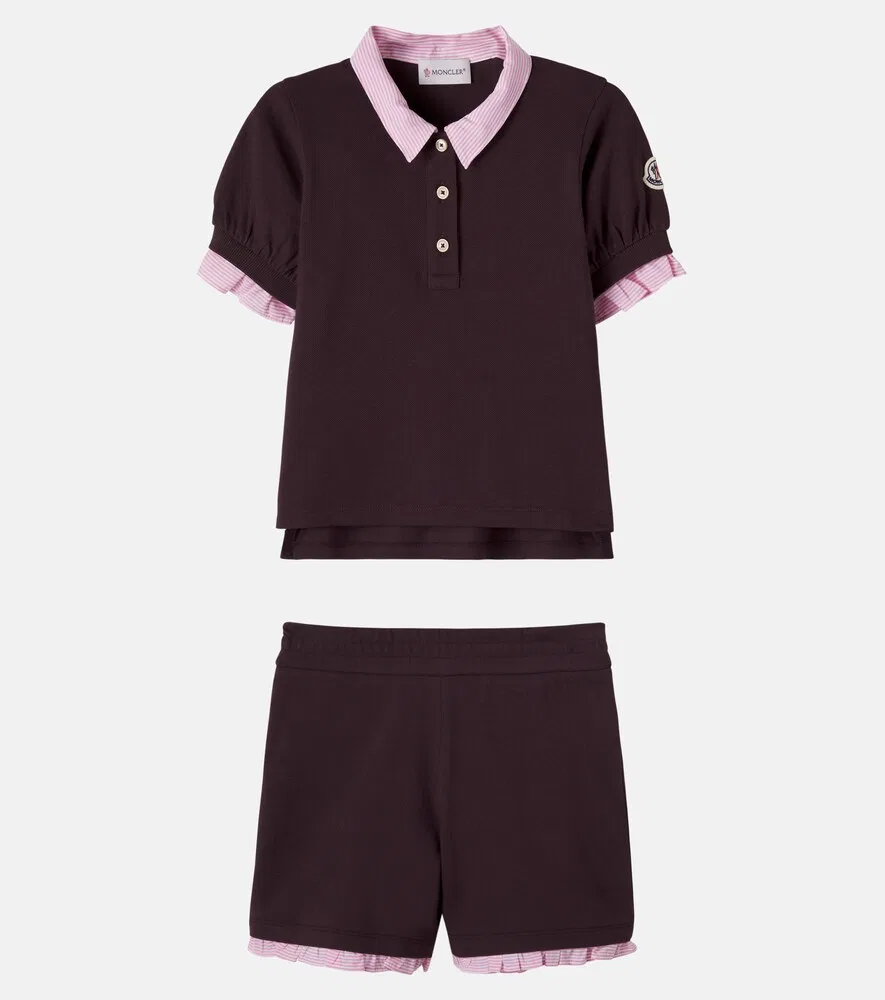 Комплект из хлопковой рубашки-поло и шорт Moncler Enfant, бургунди — фото 4