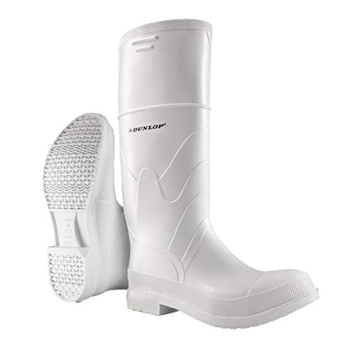 Резиновые сапоги DUNLOP White PVC с гладким носком для мужчин и женщин - ПВХ - и бетонные сапоги - мягкий носок - водонепроницаемые с высоким голенищем - устойчивые к химикатам и скольжению - белые - размеры 3-13