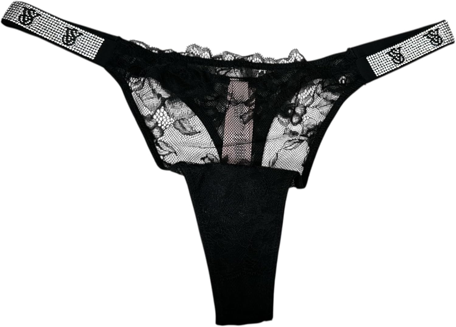 

Трусики-стринги Victoria's Very Sexy из кружева - черный блестящий ремешок, новое прозрачное цветочное белье Victoria's Secret, Black Shine