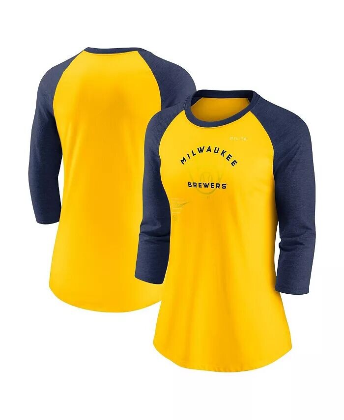 

Женская золотисто-темно-синяя футболка Milwaukee Brewers Next Up Tri-Blend реглан с рукавами 3/4 Nike