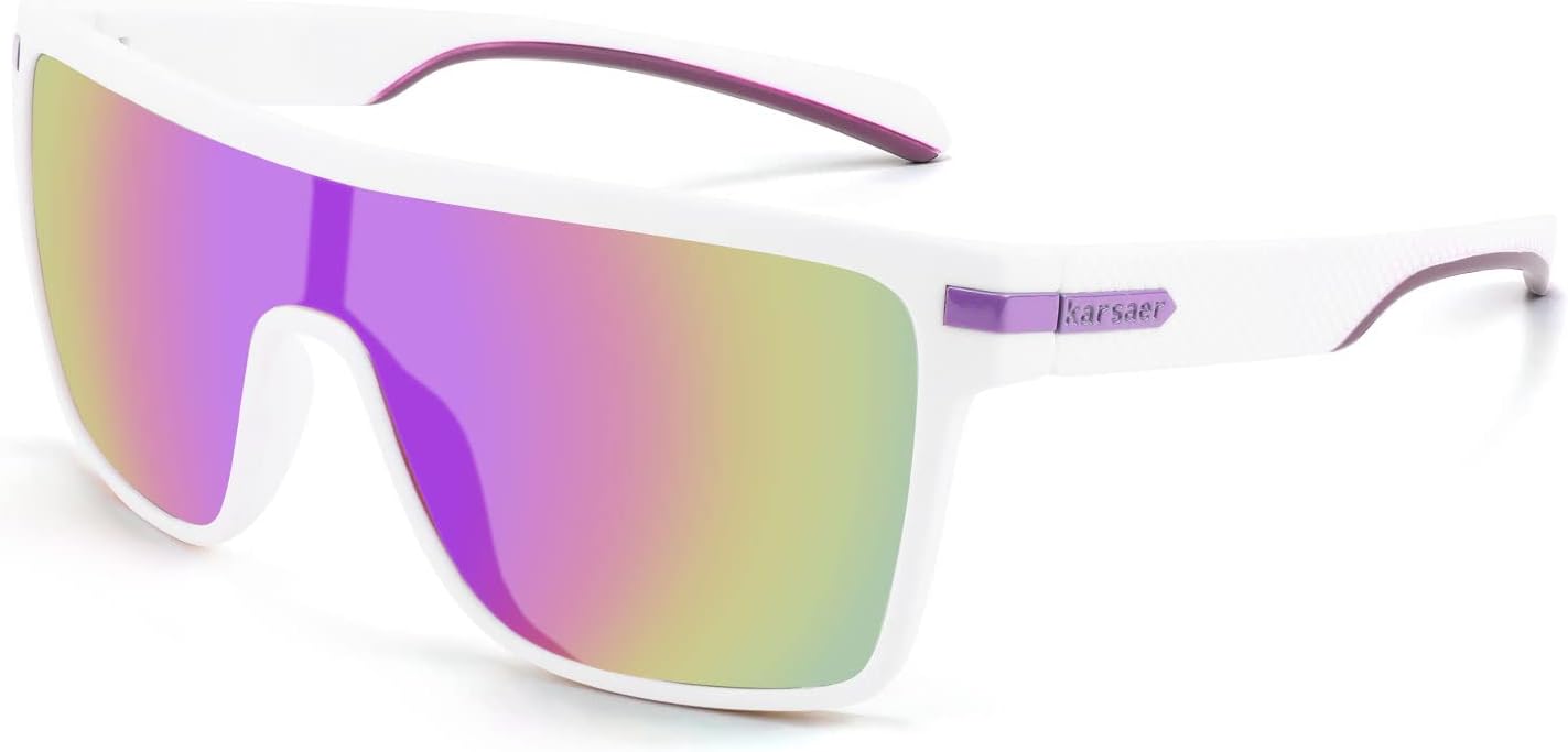 

Мужские поляризованные спортивные солнцезащитные очки Karsaer Flat Top TR90 в винтажном квадратном стиле для велоспорта, бега, рыбалки, гольфа, походов, White/Mirrored Purple