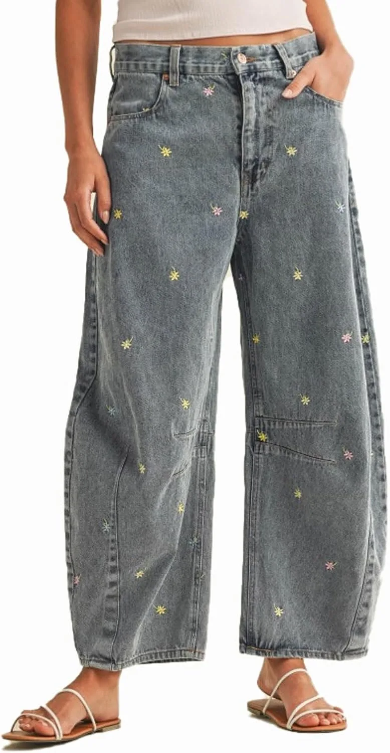 

CHARTOU Женские джинсы с вышивкой, широкие, свободные, Mid Rise