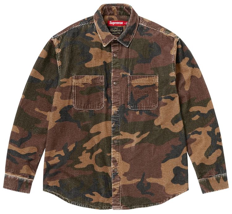 

Рубашка Supreme Wide Wale из вельвета с застежками-кнопками, расцветка «Лесной камуфляж», зеленый
