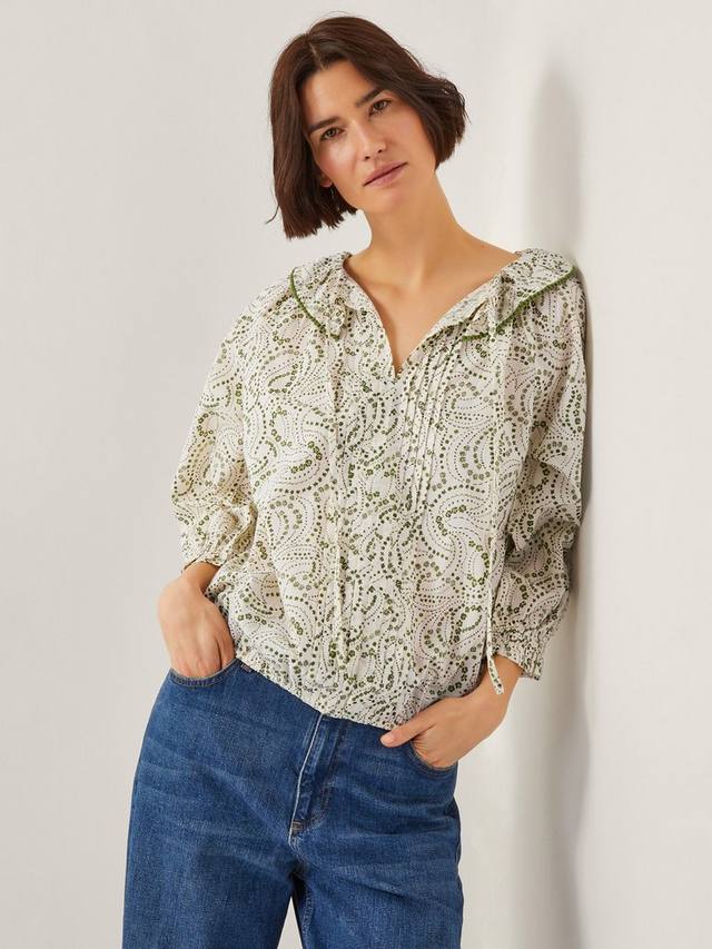 

Блузка Delma Pintuck с цветочным принтом и рюшами Monsoon, Ivory/Green