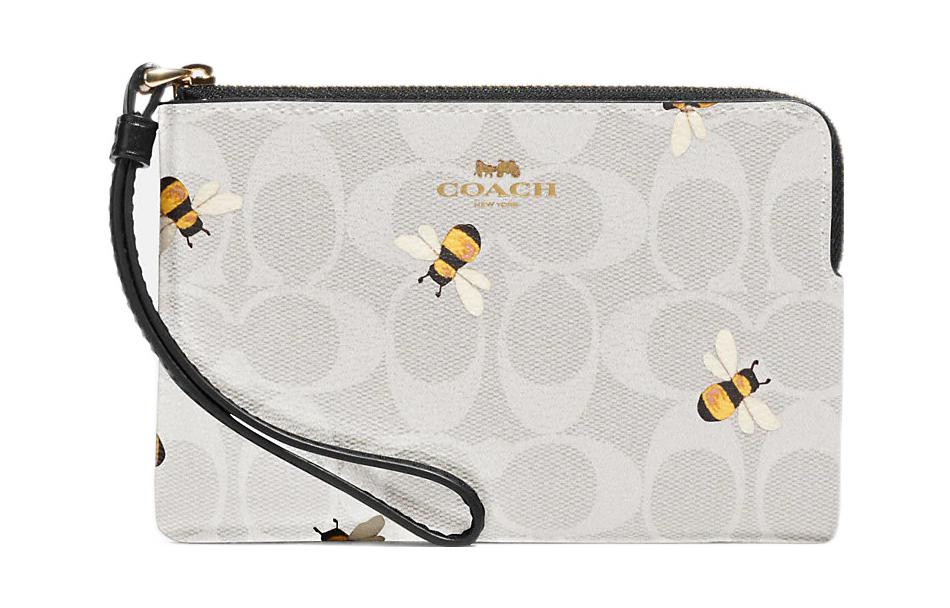 

Coach Универсальная женская сумка-кошелек на запястье белого цвета с угловой молнией из лакированного холста и гладкой кожи
