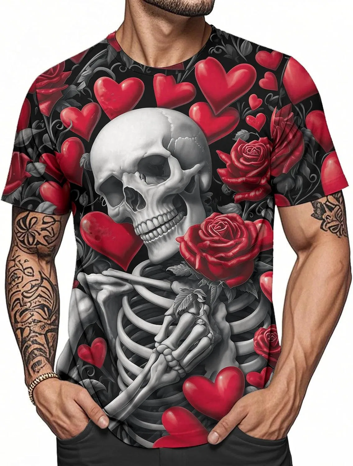 Generic Футболка Valentine's Day для мужчин с принтом череп, сердце и роза, короткий рукав, готический трендовый кэжуал, для праздника, вечеринки или свидания — фото 4