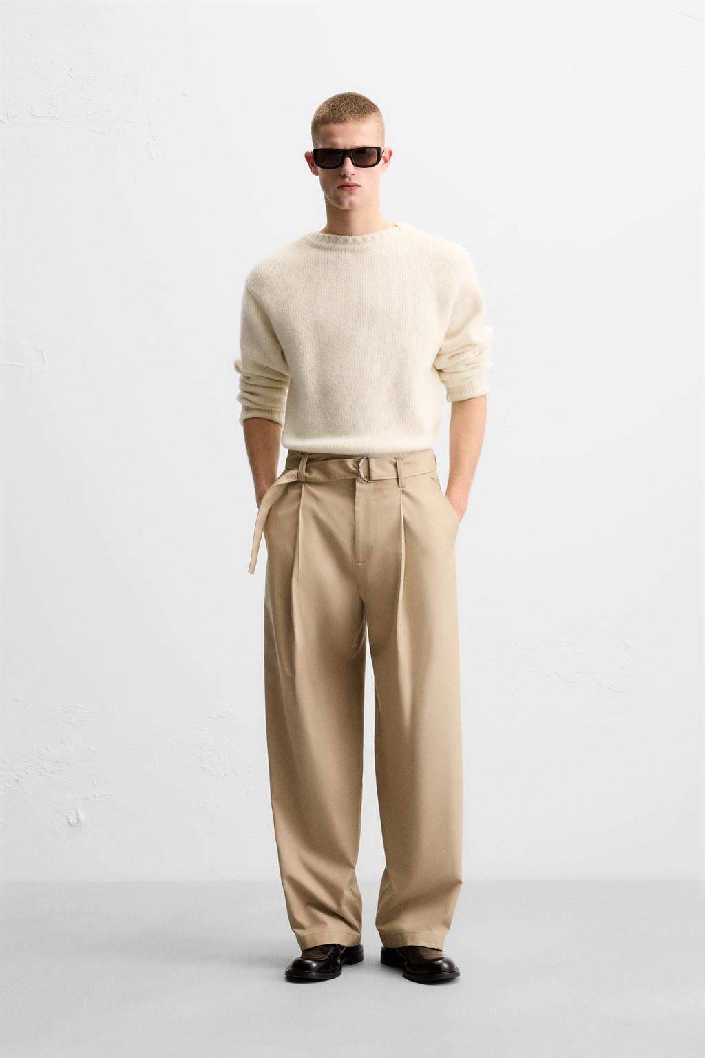 

Плиссированные брюки с поясом ZARA, кэмел
