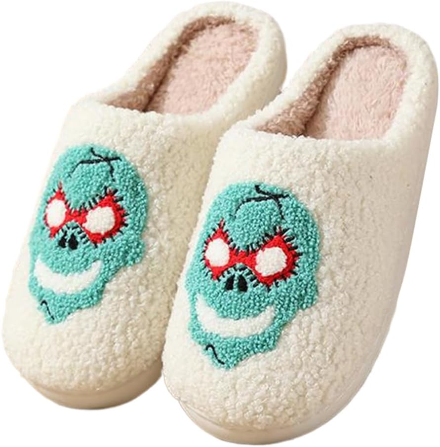 

Тапочки BEHEGTYE на Хэллоуин для женщин и мужчин, пушистые теплые осенне-зимние милые тапочки с тыквой, черепом и привидением, удобные домашние тапочки-слипы для дома и улицы, белый