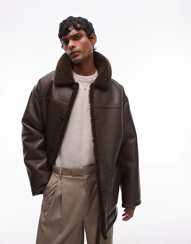 

Куртка из искусственной овчины с воротником из овчины коричневого цвета Topman