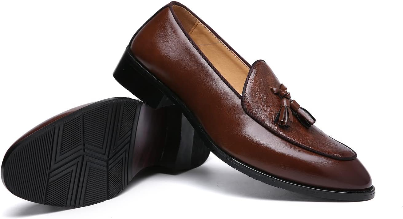 Мокасины Santimon Mens Penny Loafers для повседневной носки, вождения, выпускного и свадьбы, с бахромой, на плоской подошве, черные и коричневые, коричневый — фото 4